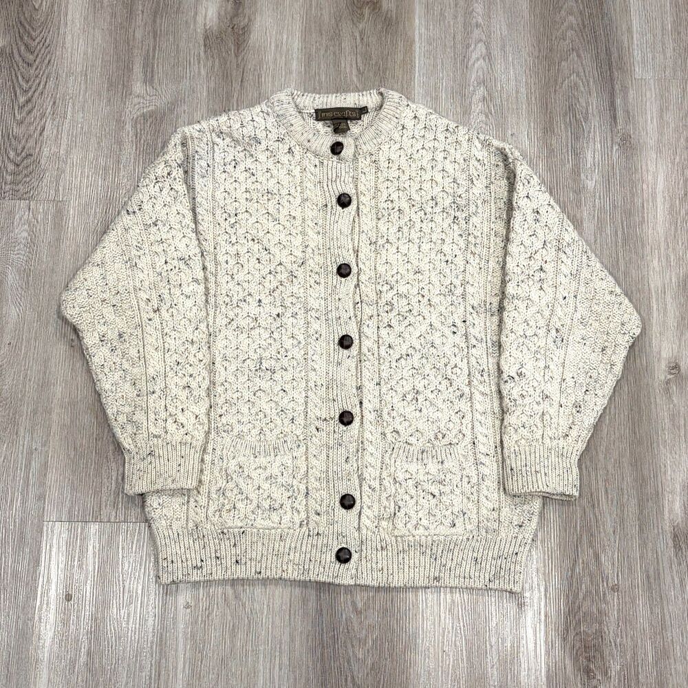 Vtg 90s Inis Crafts Wool Cable Knit Cardigan Sweater Cream Oatmeal Women's Sz L